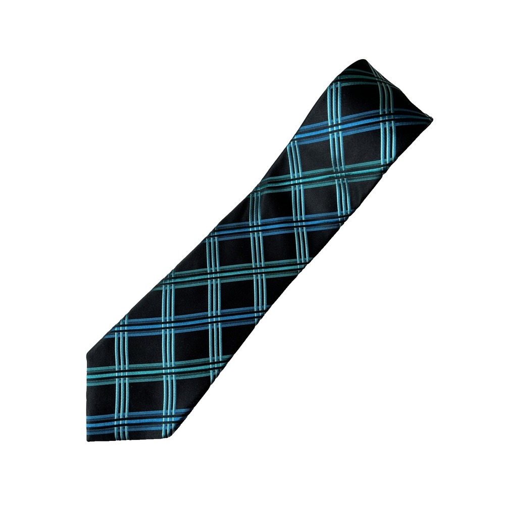 VTG Arrow Silk Tie Black Aqua Blue Green Plaid‎ Geometric Men Necktie 58 x 3.25
